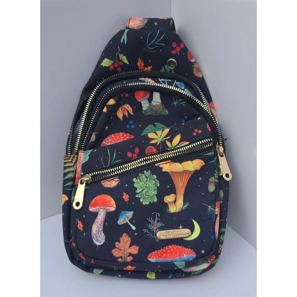 JINGPIN MUSHROOM PRINT SLING CROSSBODY BAG ZIP NYLON WOMENS - Picture 2 of 8